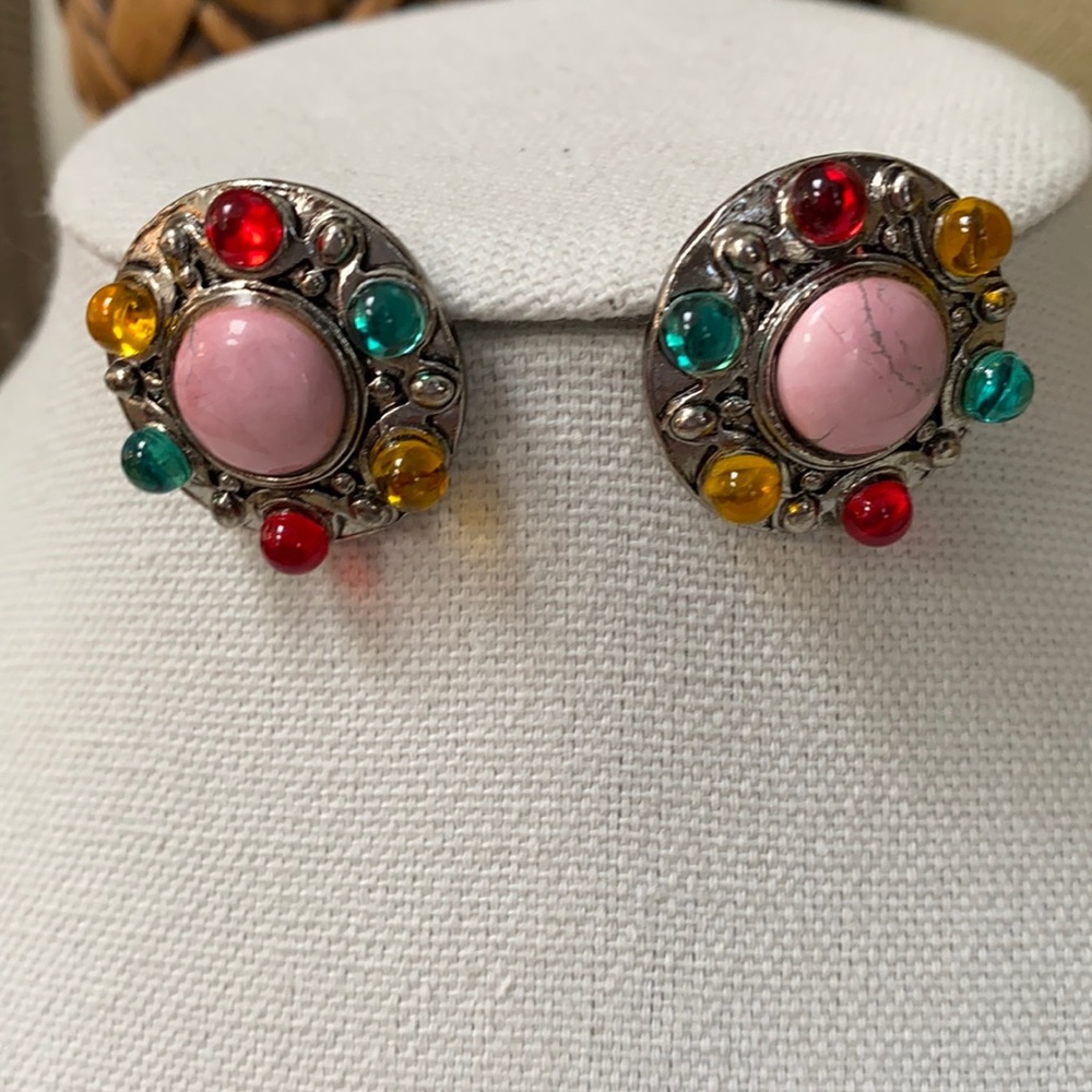 Silvertone statement multi colored Cabochon earrings - Picture 2 of 5